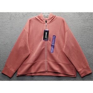 DKNY Hooded Jacket Womens XXL Pink Ribbed Soft Ottoman Tech Pockets Full‎ Zip